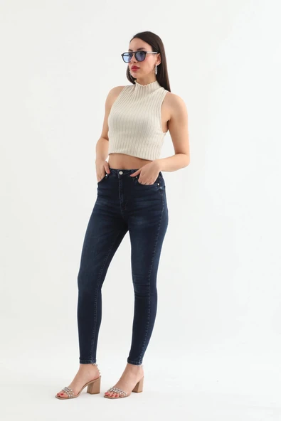Kadın Koyu Mavi Dar Kesim Jean Pantolon - Resim 5