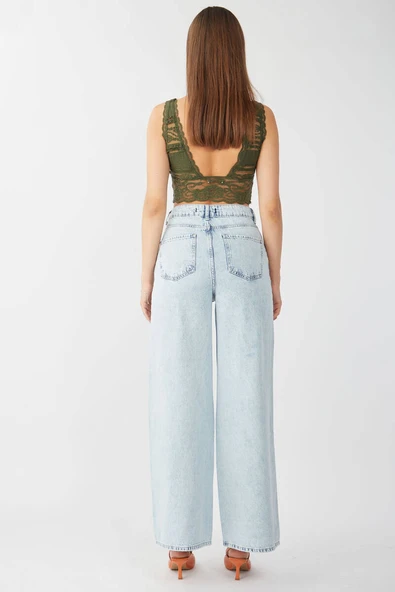 Kadın Buz Mavi Bol Paça Uzun Jean Pantolon - Resim 5