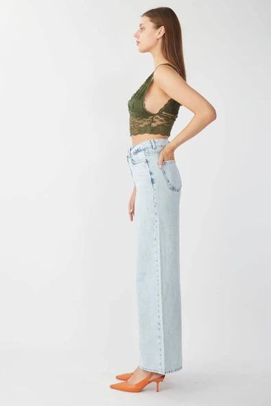 Kadın Buz Mavi Bol Paça Uzun Jean Pantolon - Resim 4