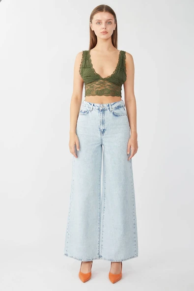 Kadın Buz Mavi Bol Paça Uzun Jean Pantolon - 6