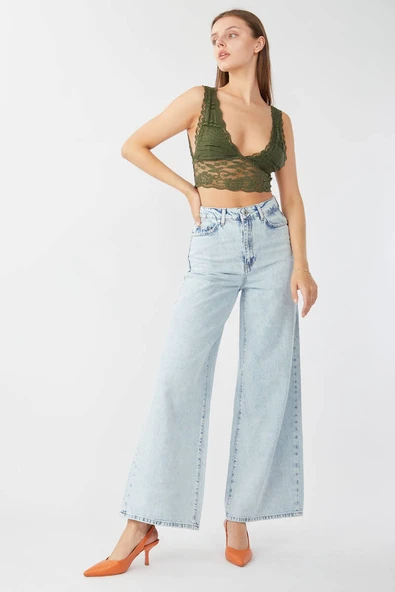 Kadın Buz Mavi Bol Paça Uzun Jean Pantolon - Resim 2