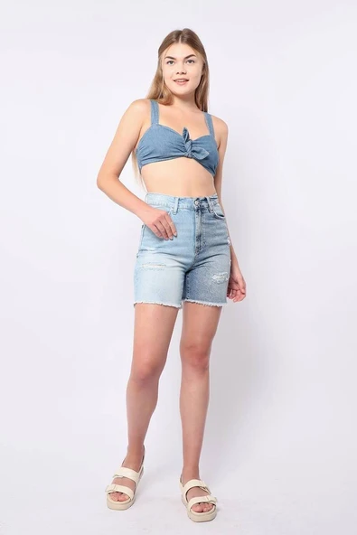Kadın Mavi Yırtık Detaylı Jean Şort - 4