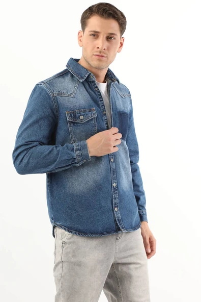 Erkek Cep Yıkamalı Jean Gömlek Koyu Mavi - 4