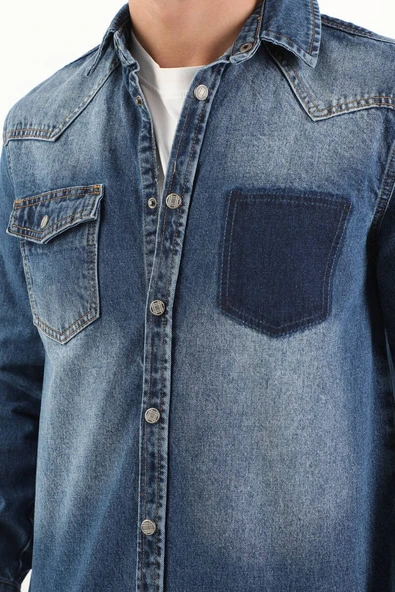Erkek Cep Yıkamalı Jean Gömlek Koyu Mavi - 6