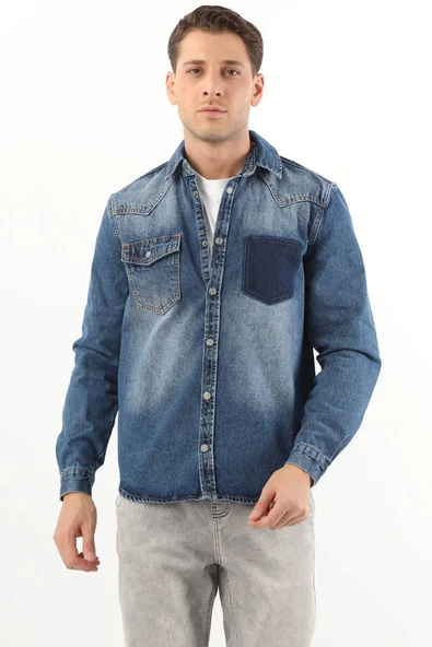 Erkek Cep Yıkamalı Jean Gömlek Koyu Mavi - 2