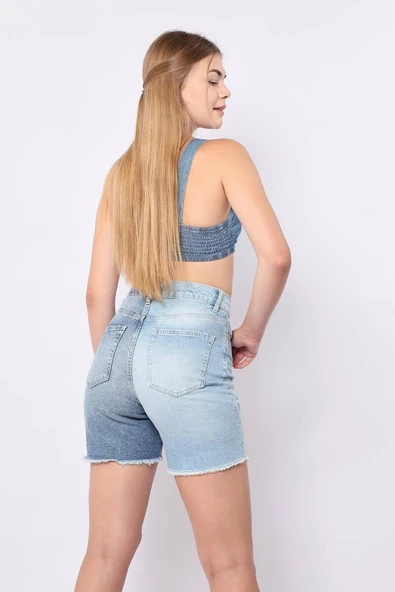 Kadın Mavi Yırtık Detaylı Jean Şort - 5