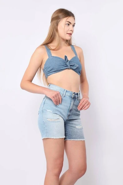 Kadın Mavi Yırtık Detaylı Jean Şort - 3