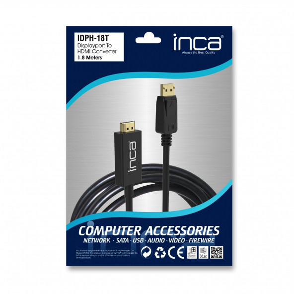 INCA IDPH-18T Displayport To HDMI Çevirici Kablo 1.8mt
