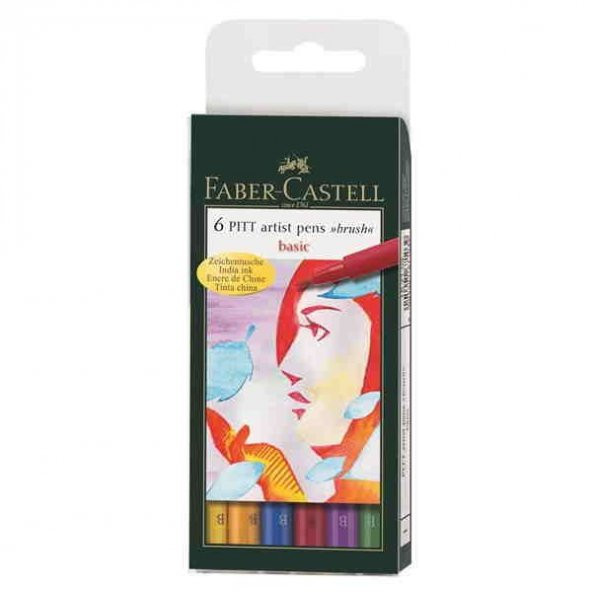 Faber Castell 6 Pitt Artist Pen Fırça Uçlu Çizim Kalemi Basic Ana Renkler 167103