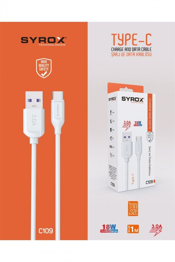 Syrox C109 Type-c 1m 3,0a 18w Quick Şarj Kablosu (ECO KUTU)