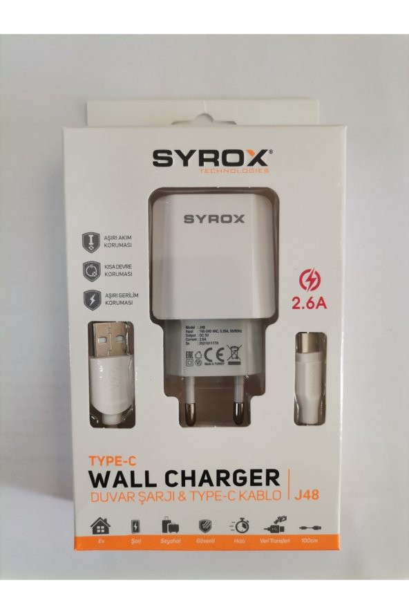 Syrox J48 Type-c Girişli 2.6a Hızlı Şarj Cihazı