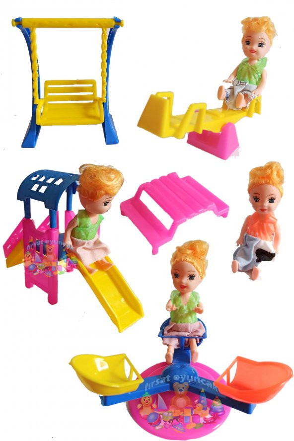 Oyuncak Luna Park Kaydırak Tahterli Salıncak Dönme Dolap ve 4 adet Parmak Bebek Set