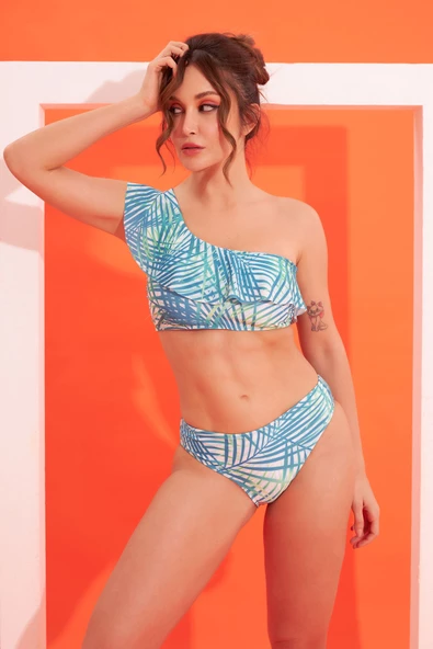Yeşil Palmiye Tek Omuz Askılı Tek Üst Bikini