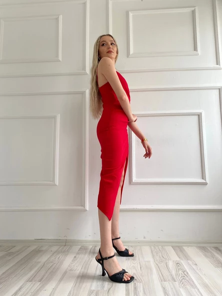 Kadın Askılı Yırtmaçlı Elbise Kırmızı - Resim 8