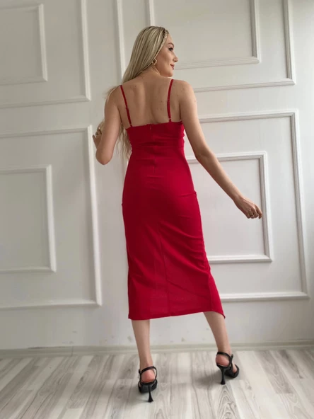 Kadın Askılı Yırtmaçlı Elbise Kırmızı - Resim 4