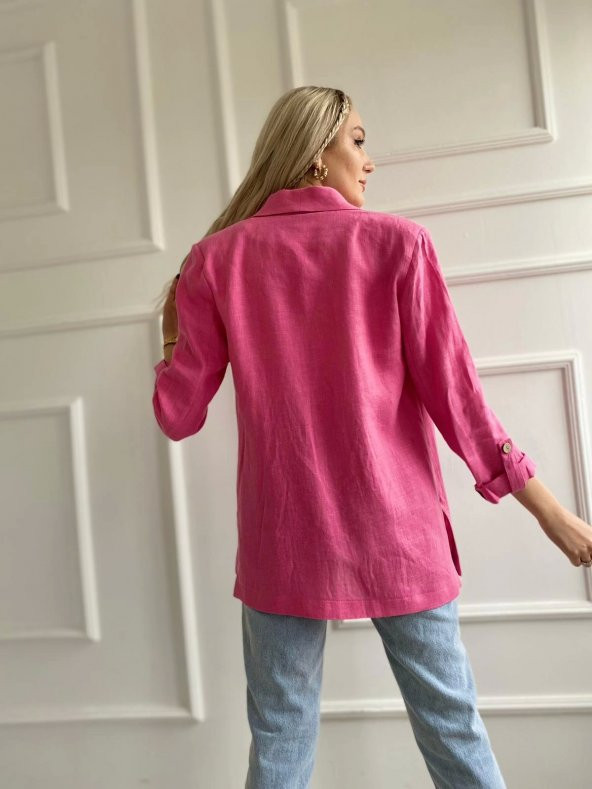 Kadın Katlanabilir Kol Detaylı Keten Ceket Pembe - 4