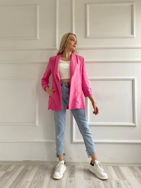 Kadın Katlanabilir Kol Detaylı Keten Ceket Pembe - 5
