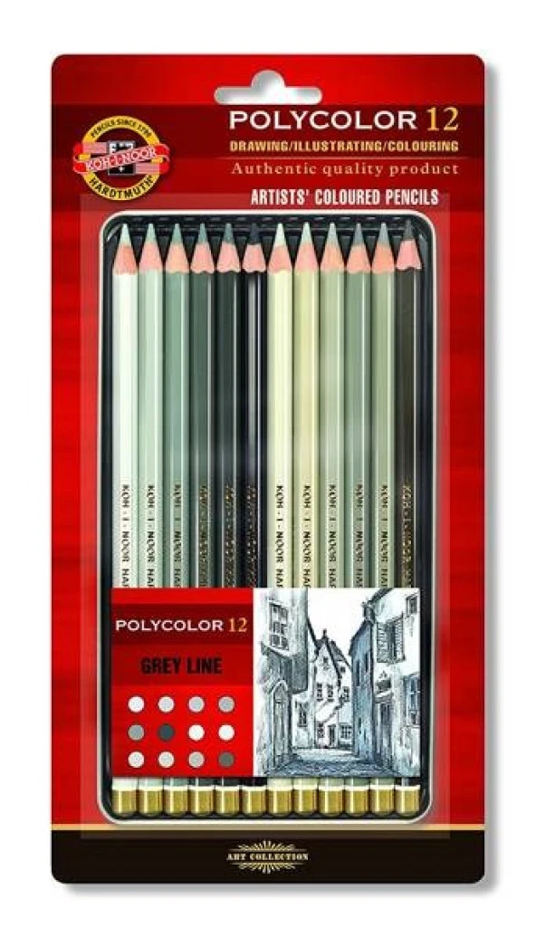 Koh-i Noor Polycolor Artist Kuru Boya Kalemi 12 Renk GRİ TONLAR Metal Kutu