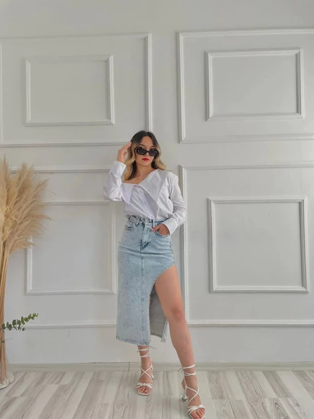 Kadın Taşlı Yırtmaç Detaylı Kot Etek Mavi - Resim 2