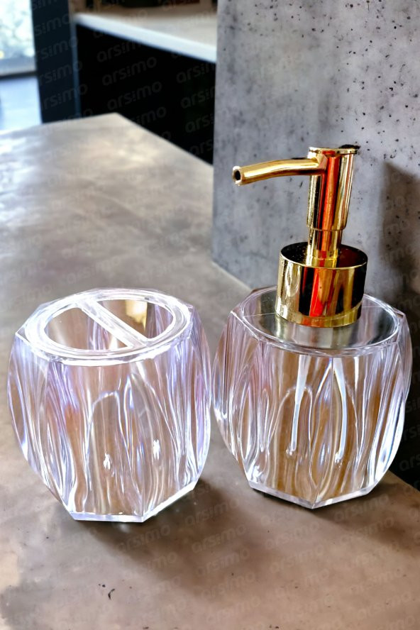 Akrilik Gold Sıvı Sabunluk Diş Fırçalık Banyo Seti | 2'li Diş Fırça Sabun Banyo Düzenleyici Set