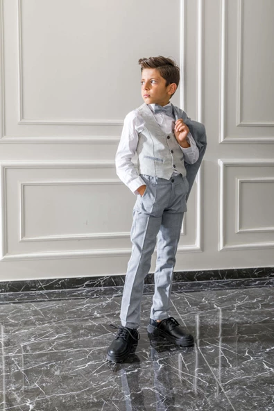 Yelek Ceket Papyon Çocuk Genç Takım Elbise 5'li Mezuniyet Balo Bayramlık Düğün Damatlık 4'lü Set NX-50088 - 3