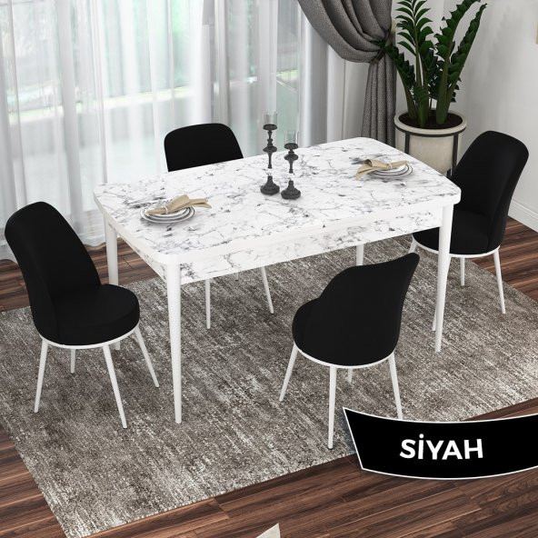 Kor Serisi 70x114 Açılabilir Beyaz Mermer Desen Mutfak Masası Takımı 4 Sandalye