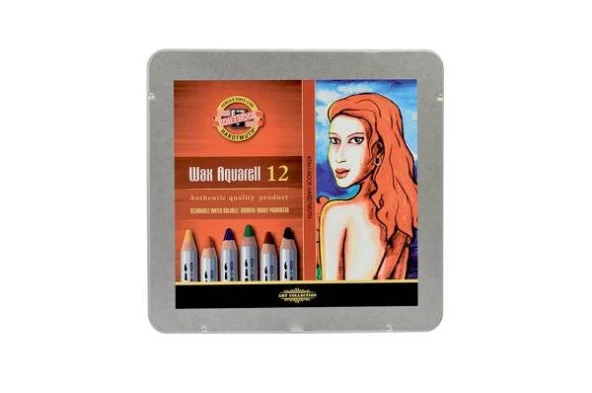 Koh-i Noor Wax Aquarell Balmumu Kalın Boya Kalemi 12 Renk Metal Kutu