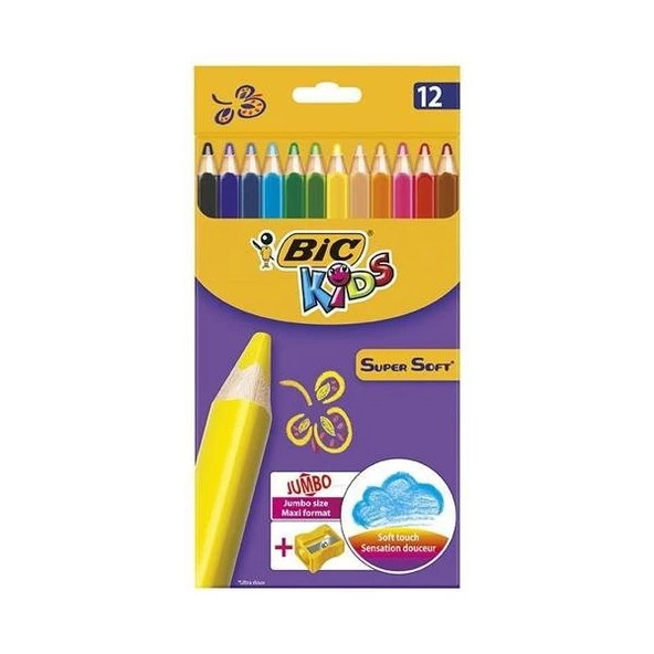 Bic Kids Supersoft Yumuşak Kuru Boya Kalemi 12 Renk + Jumbo Kalemtraş