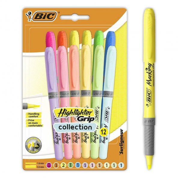 Bic Marking Highlighter Grip İşaretleme Kalemi Pastel ve Neon 12 Renk