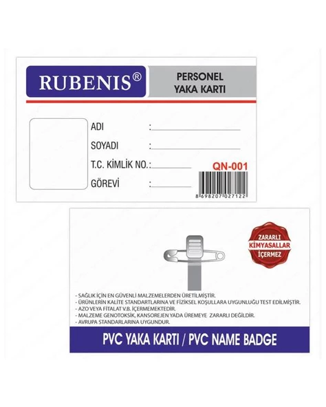 Rubenis Şeffaf Yaka Kartı İğneli