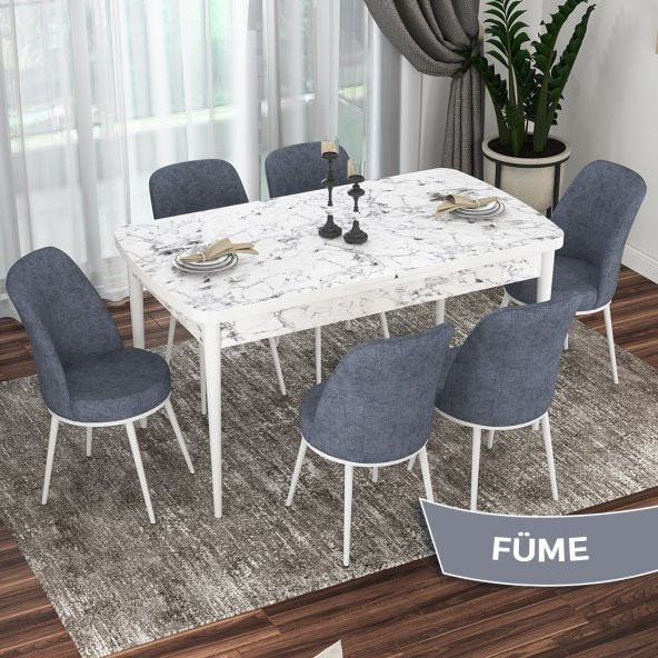 Kor Serisi 70x114 Açılabilir Beyaz Mermer Desen Mutfak Masası Takımı 6 Sandalye