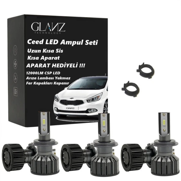 Glanz Kia Ceed Şimşek Etkili Mini Csp 12000lm Beyaz Led Xenon Far Ampulü Uzun Kısa Sis Aparat Seti