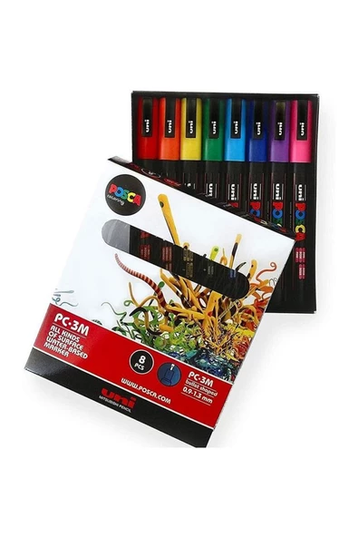 Uni Posca Pc-3m 0.9-1.3 Su Bazlı Boyama Markörü Seti Ana Renkler 8 Renk