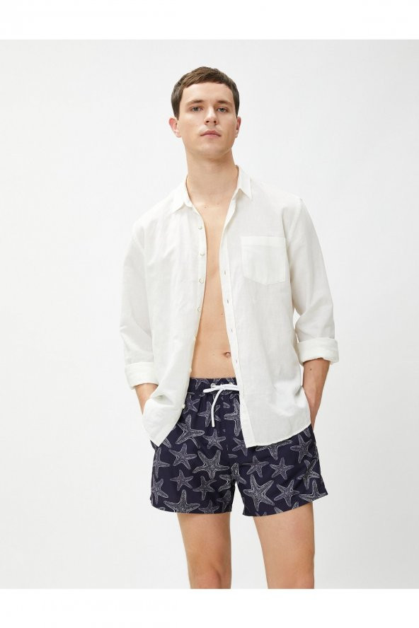 Deniz Şortu Yıldız Baskılı Beli Bağcıklı Cep Detaylı - 2