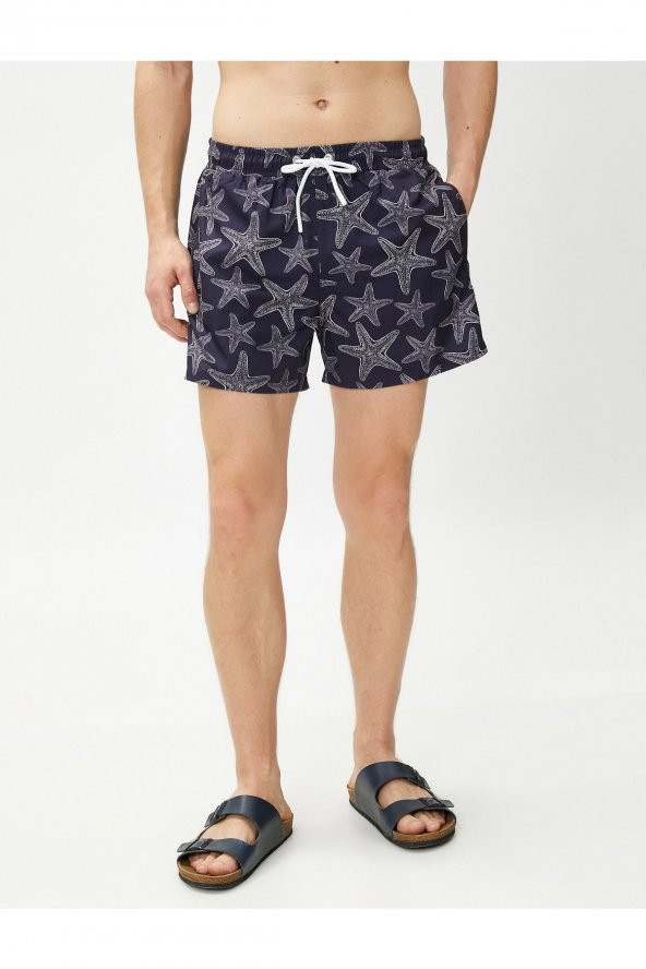 Deniz Şortu Yıldız Baskılı Beli Bağcıklı Cep Detaylı - 3