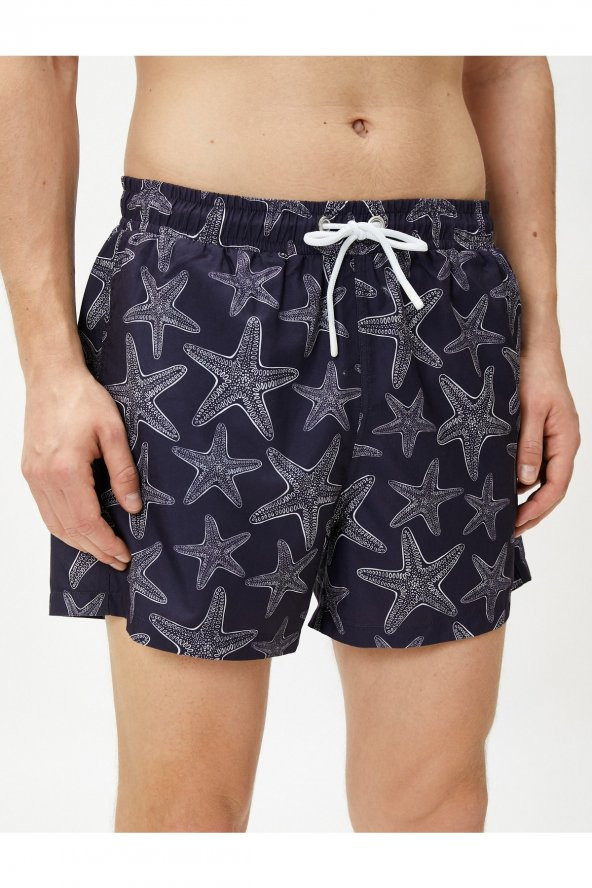 Deniz Şortu Yıldız Baskılı Beli Bağcıklı Cep Detaylı - 5