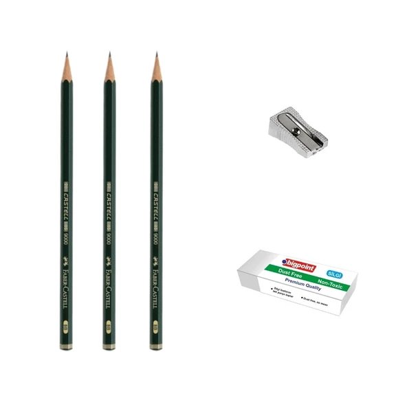 Faber-Castell Yayınları 9000 Yeşil Seri Dereceli Eskiz Çizim Kalemi Seti No: 4b-4h-hb + Kalemtraş + Silgi