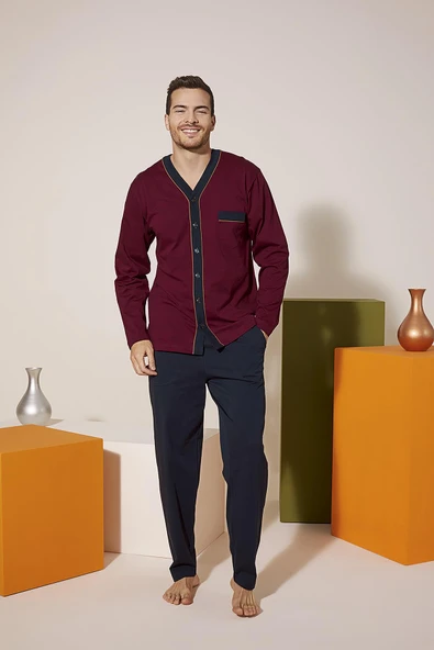 KLY 9217 Erkek V Yaka Boydan Düğmeli Pijama Takım ürün görseli