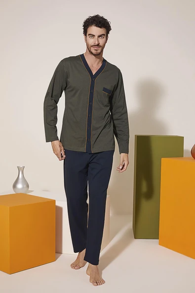 KLY 9217 Erkek V Yaka Boydan Düğmeli Pijama Takım - Resim 2
