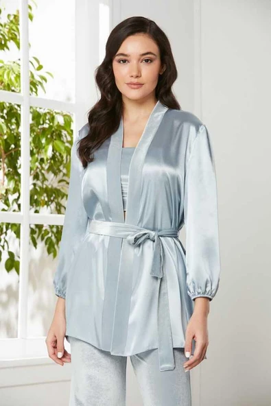 Pierre Cardin 2050 Dantelli Kadife Saten 3'lü Croplu Pijama Takımı - Resim 10