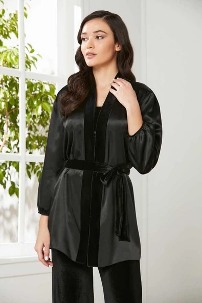 Pierre Cardin 2050 Dantelli Kadife Saten 3'lü Croplu Pijama Takımı - Resim 3