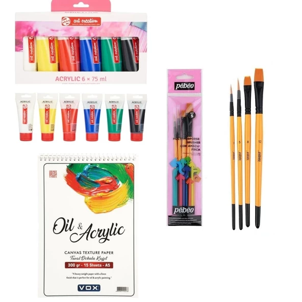 Talens Art Creation Akrilik Boya Seti 6 x 75ml Tüp + Vox 300gr a5 Defter + Pebeo 4'lü Fırça Seti