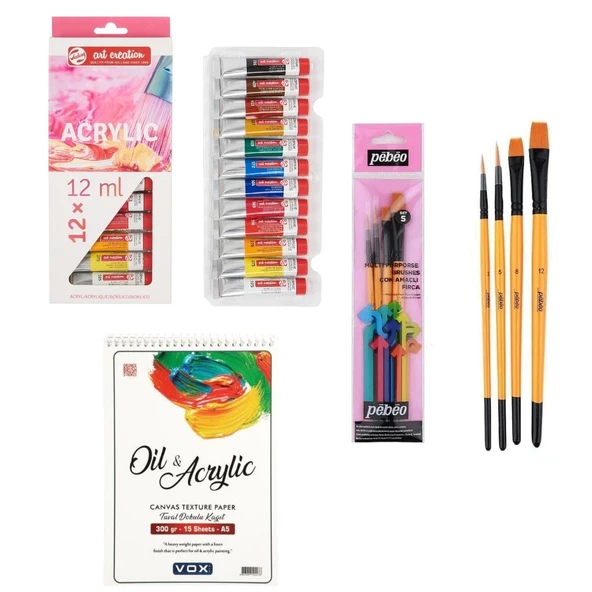 Talens Art Creation Akrilik Boya Seti 12 X 12 Ml. + Vox 300gr a5 Defter + Pebeo 4'lü Fırça Seti