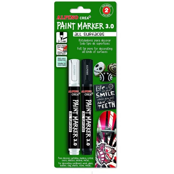 Alpino Crea+ Paint Marker Tüm Yüzeyler İçin Boyama Markörü Siyah-Beyaz 2li Blister