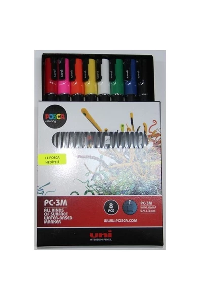 Uni Posca Pc-3m 0.9-1.3 Mm Su Bazlı Boyama Markörü Seti Ana Renkler 8 Renk