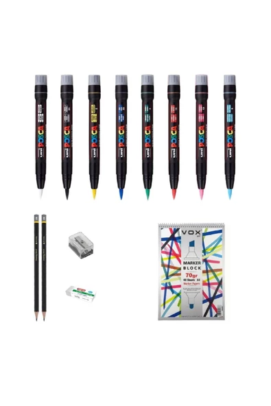 Uni Posca Marker Kalemi Çizim Seti 2 + PCF-35 (3-10mm) 8'li Set