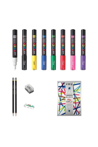 Uni Posca Marker Kalemi Çizim Seti 2 + 1m (0.7 mm) 8'li Set  8'li Set