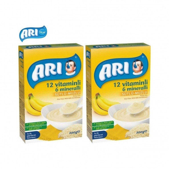 Arı Mama Pirinç Unu 200 gr Sütlü Muzlu 12 Vitaminli 6 Minarelli 2 li Set