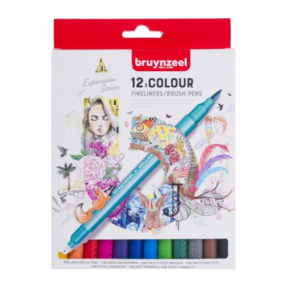 Bruynzeel Fineliner / Brush Pen Çift Taraflı Kalem Seti 12 Renk