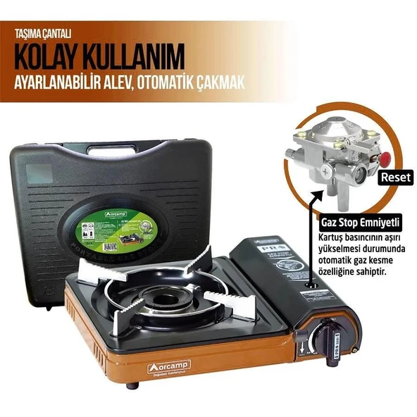 ORCAMP Tekli Portatif Kamp Ocak Gaz Stop Emniyetli TURUNCU - 3